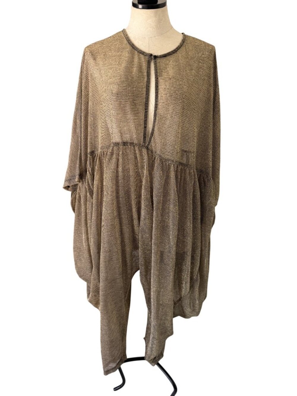 H.G. By G. Wong Womens Knit Mesh Jumpsuit Caftan OS Gold Metallic Lagenlook